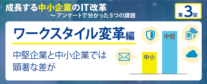 成長する中小企業のIT改革~アンケートで分かった5つの課題 ワークスタイル変革編 中堅企業と中小企業では顕著な差が