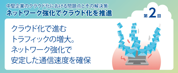 中堅企業のクラウド化における問題点とその解決策 ネットワーク強化でクラウド化を推進 第2回クラウド化で進むトラフィックの増大。ネットワーク強化で安定した通信速度を確保