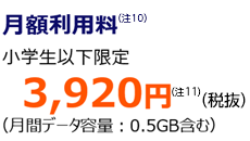 月額利用料 小学生以下限定 3,920円 (月間データ容量: 0.5GB含む)