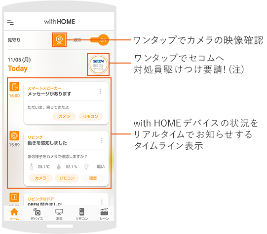 ワンタップでカメラの映像確認・ワンタップでセコムへ 対処員駆けつけ要請! (注)・with HOMEデバイスの状況をリアルタイムでお知らせするタイムライン表示